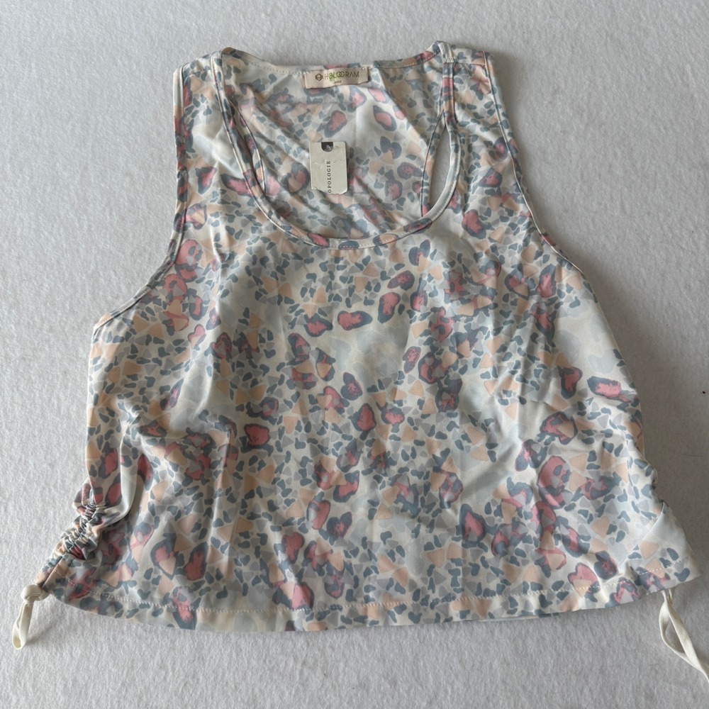 Hologram Tank Top Womens‎ Large Multicolor Abstract Leopard Cinch Side Crop NEW